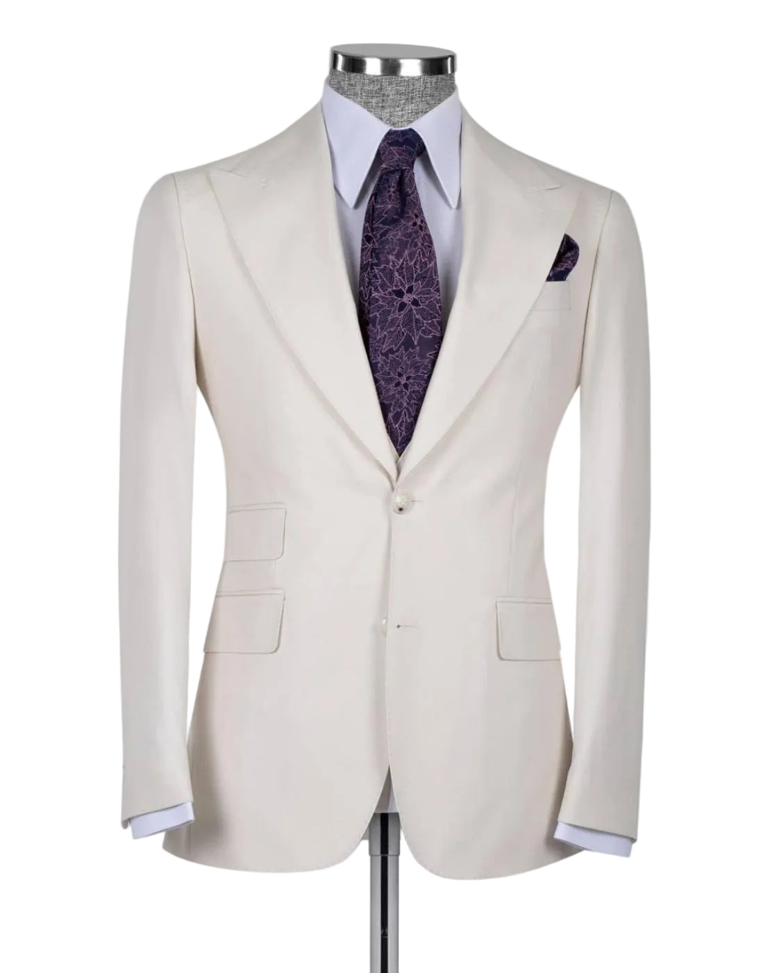 A light cream-colored single-breasted suit jacket displayed on a mannequin torso, styled with a white dress shirt, a purple paisley patterned tie, and a matching pocket square against a light gray background.