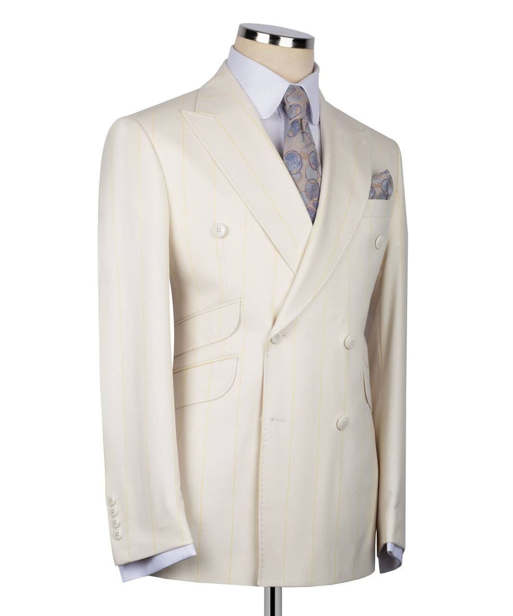Beige suit jacket on a mannequin with a white background