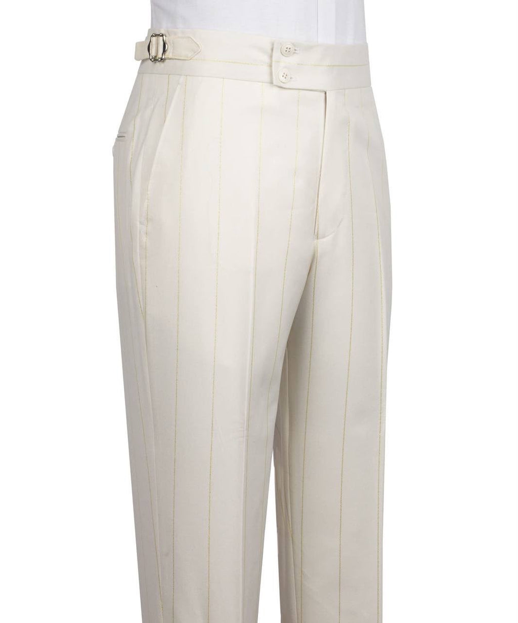 Off-white pinstriped trousers with a matching belt featuring a silver buckle, shown on a white background.