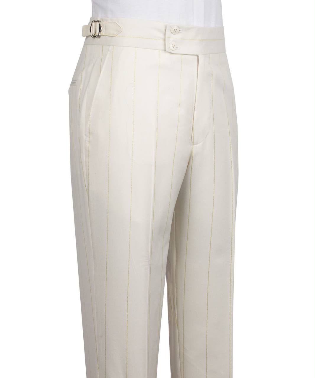 Off-white pinstriped trousers with a matching belt featuring a silver buckle, shown on a white background.