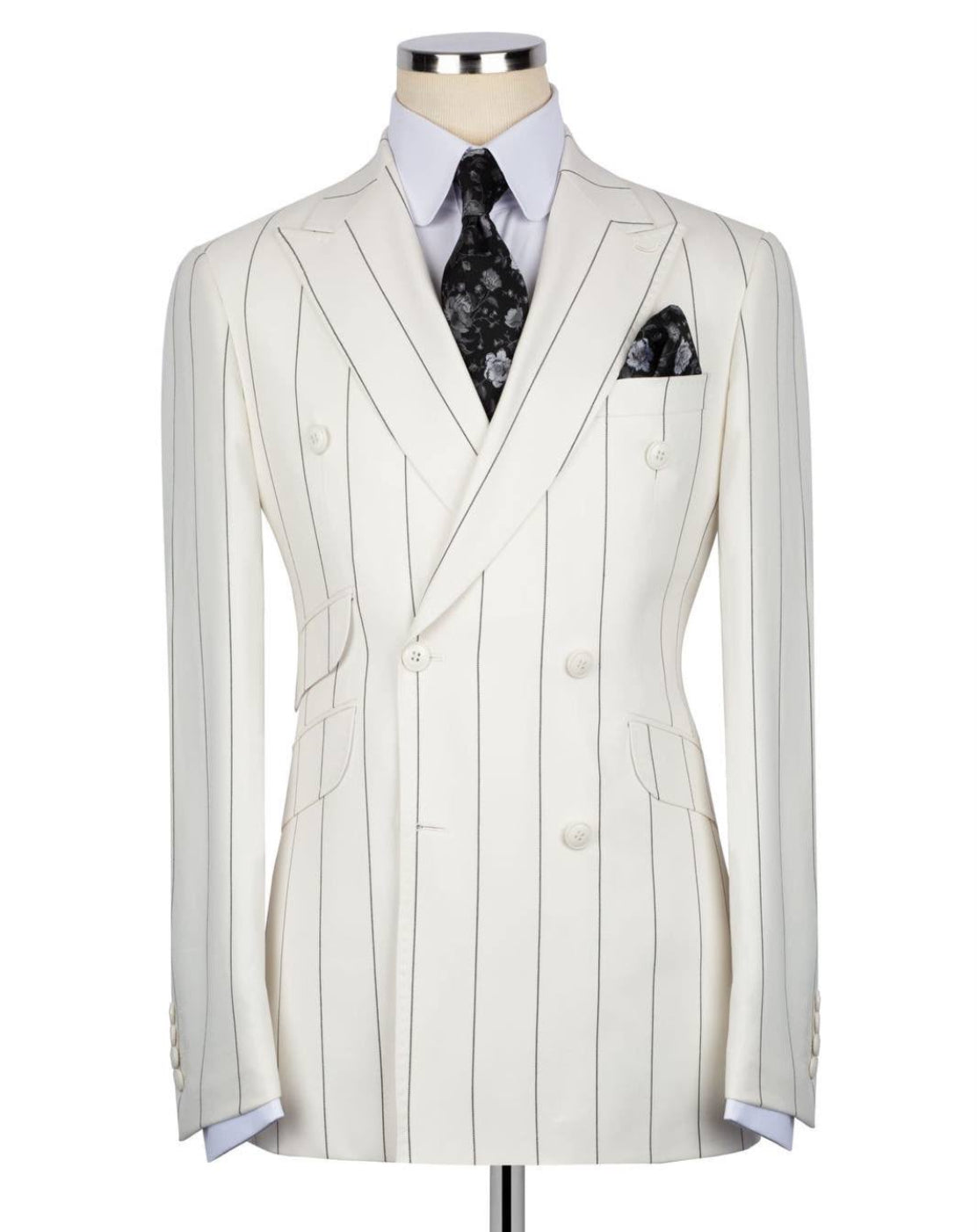 White pinstripe suit on a mannequin with a white background