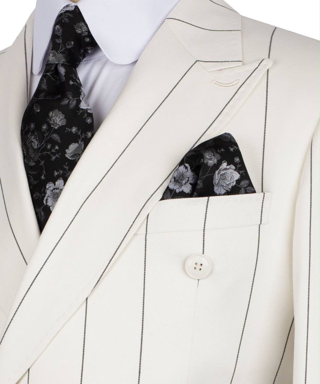 Beige suit jacket with floral pocket square and tie 