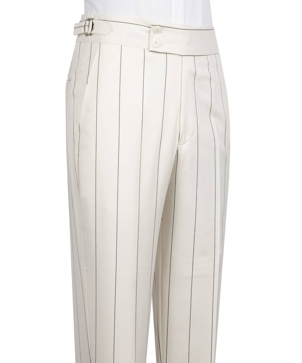 Off-white pinstriped trousers with a matching belt
