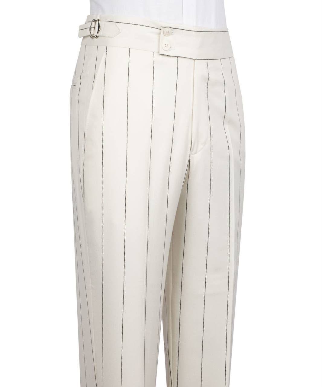 Off-white pinstriped trousers with a matching belt