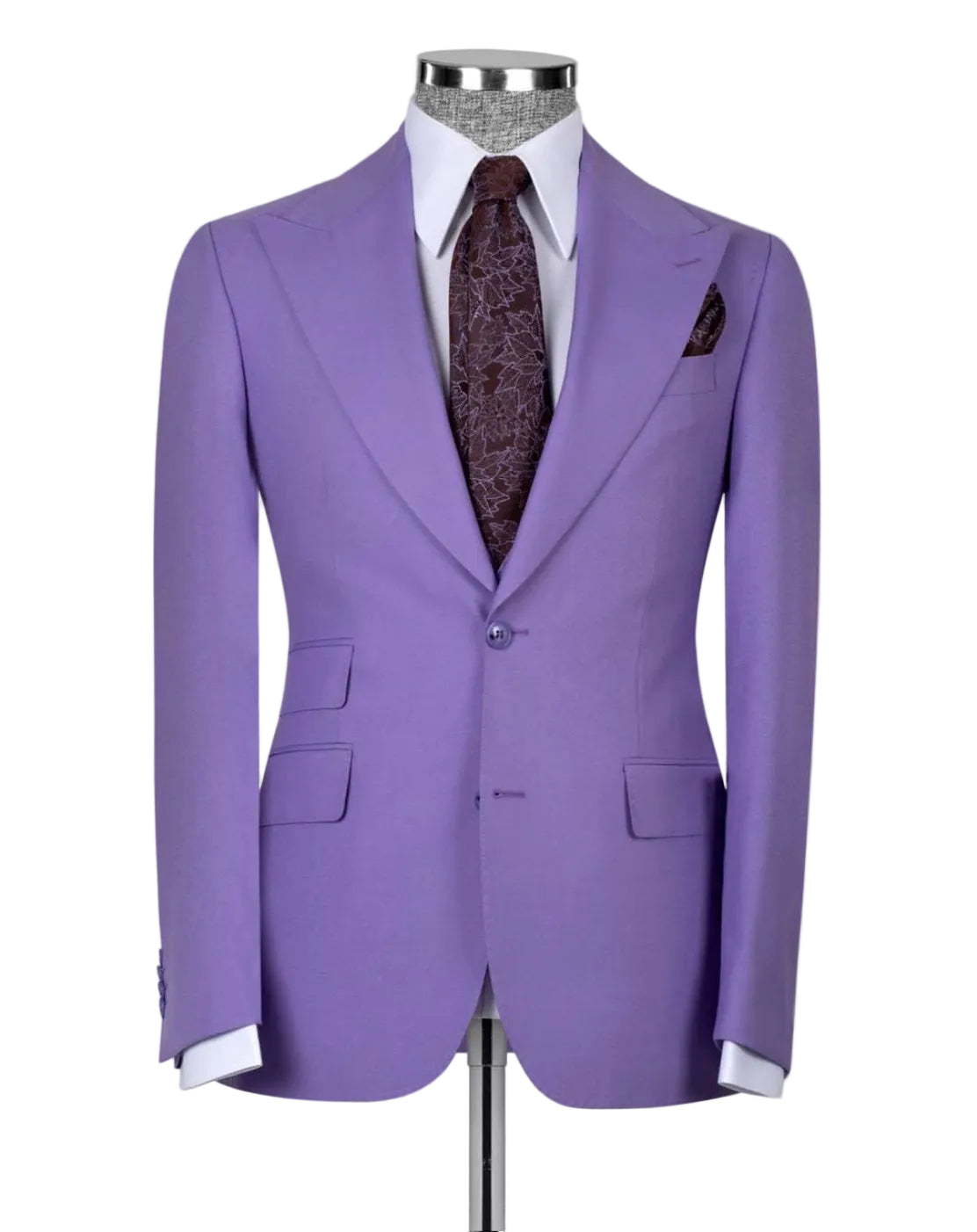 A lavender purple single-breasted suit jacket displayed on a mannequin torso, styled with a white dress shirt, a dark brown paisley tie, and a matching pocket square against a light gray background.
