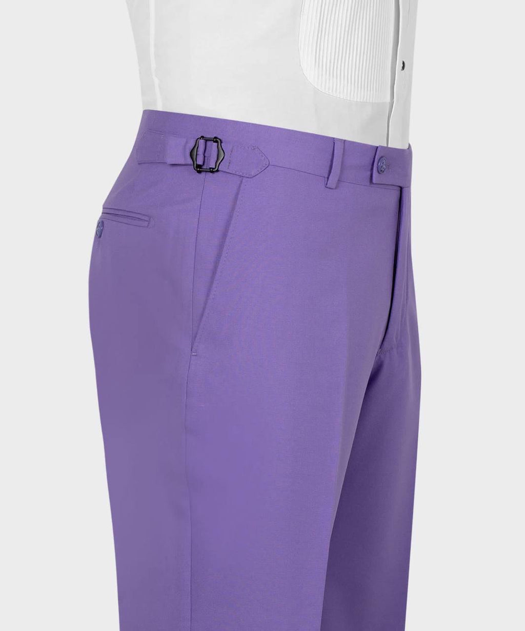 Purple dress pants shown on a mannequin torso wearing a white shirt, cropped from the waist down against a light gray studio background.