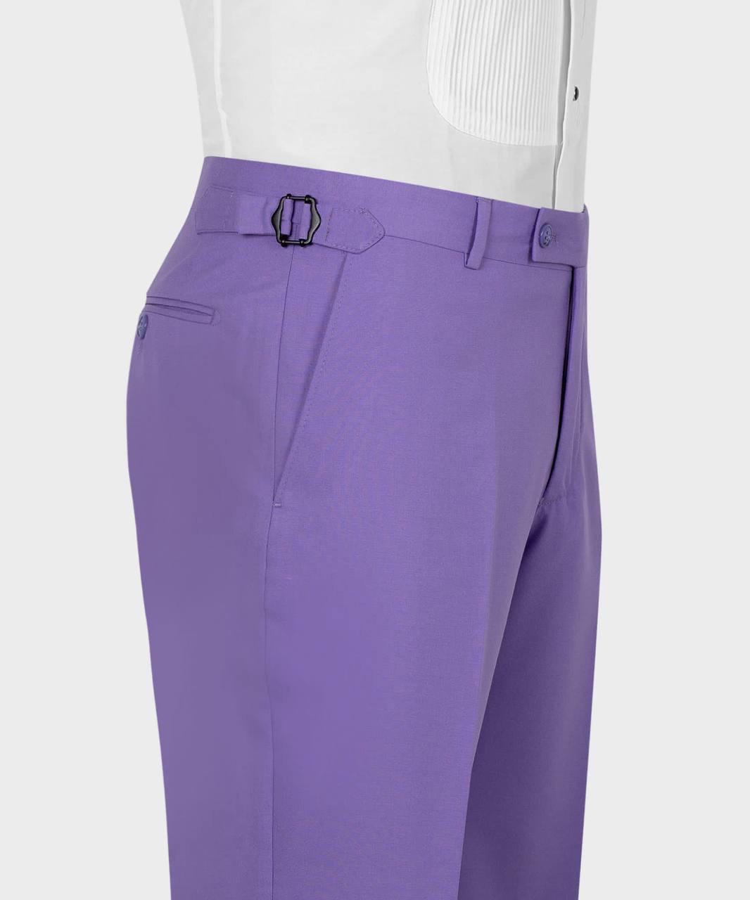 Purple dress pants shown on a mannequin torso wearing a white shirt, cropped from the waist down against a light gray studio background.