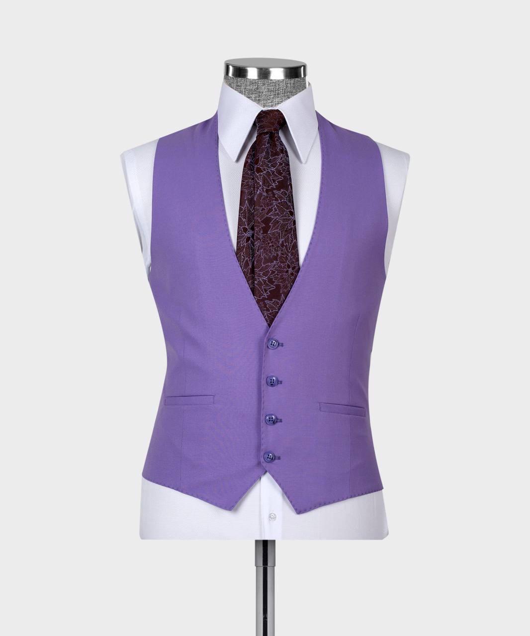 A lavender purple waistcoat vest displayed on a white dress form mannequin, styled with a white collared shirt and a dark patterned tie, against a light gray background.
