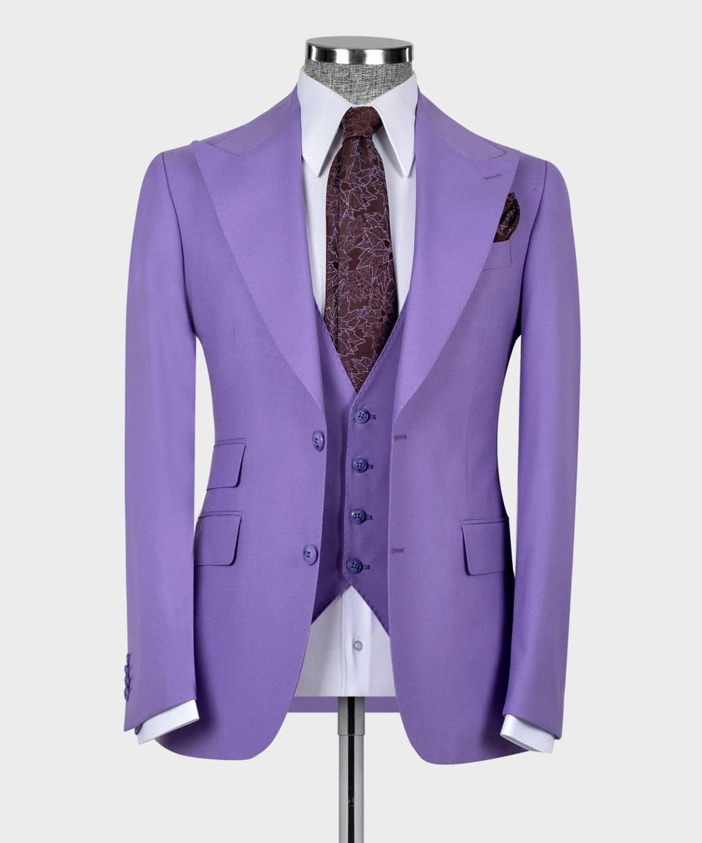 Purple suit with vest and tie on a mannequin against a white background