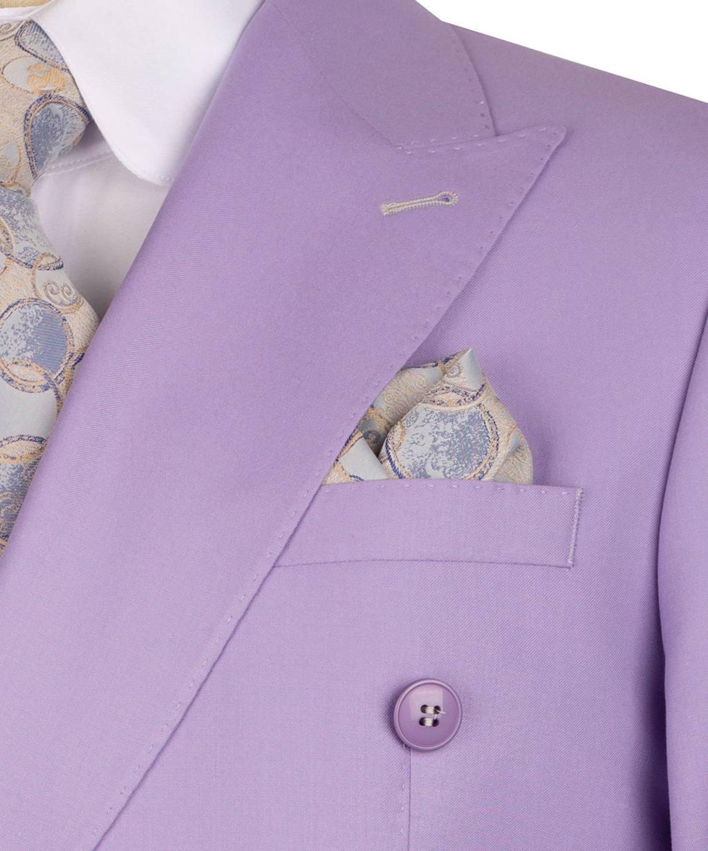 Close-up of a lavender suit jacket with a pocket square and button.