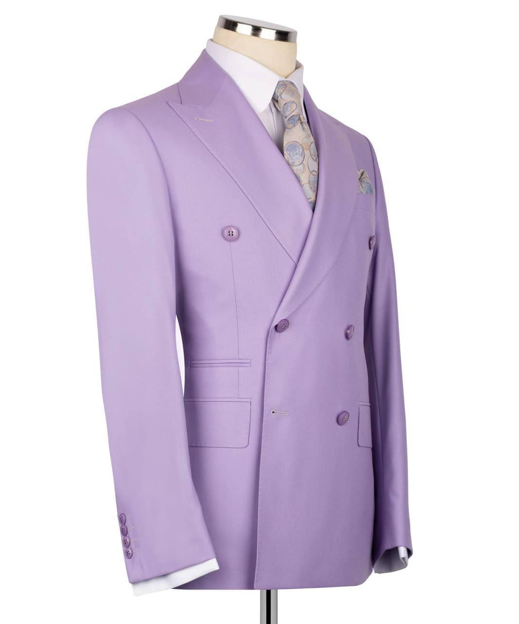 A lavender double-breasted suit jacket displayed on a mannequin torso with a white dress shirt and patterned tie, against a plain white background.