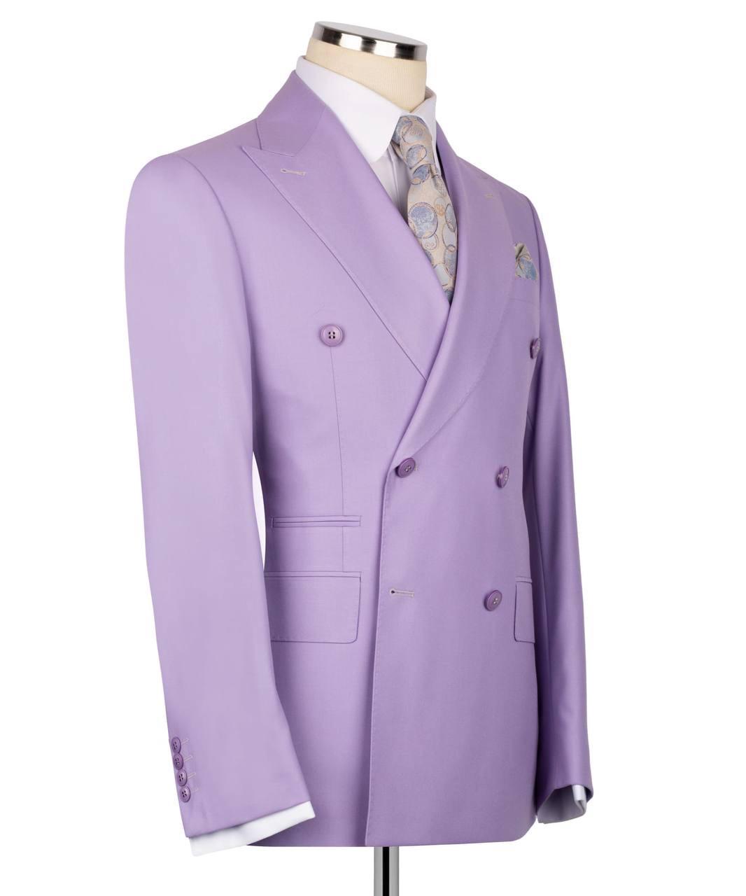 A lavender double-breasted suit jacket displayed on a mannequin torso with a white dress shirt and patterned tie, against a plain white background.