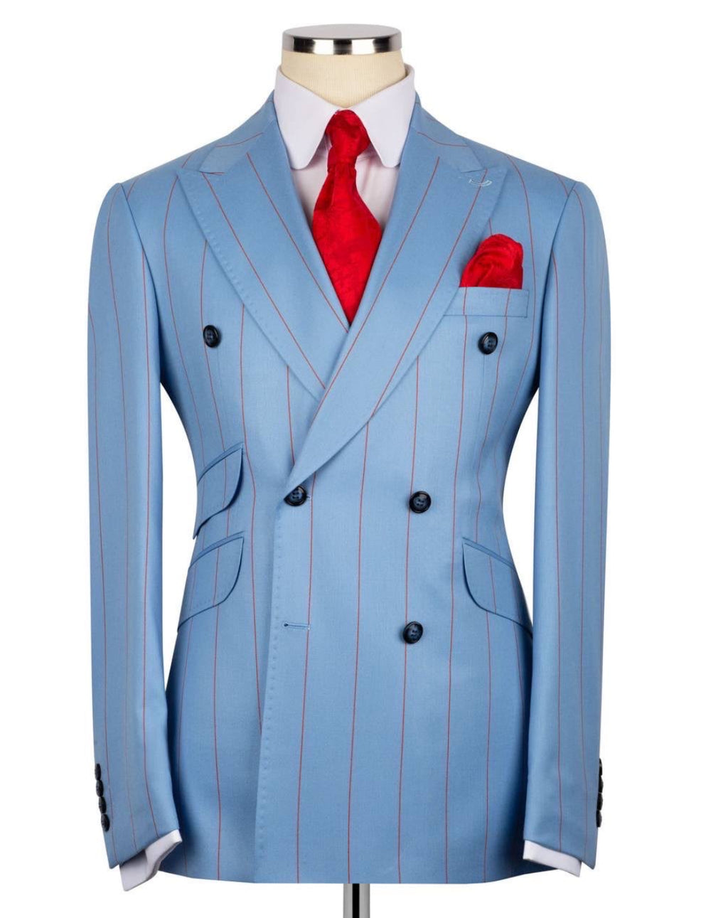 Blue pinstripe suit with red tie and pocket square on a mannequin against a white background