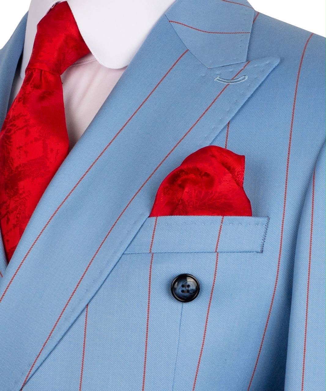 Close-up of a light blue suit with red pinstripes, red tie, and pocket square on a white background.