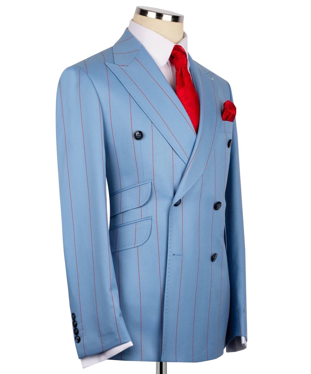 Blue pinstripe suit with a red tie on a mannequin against a white background