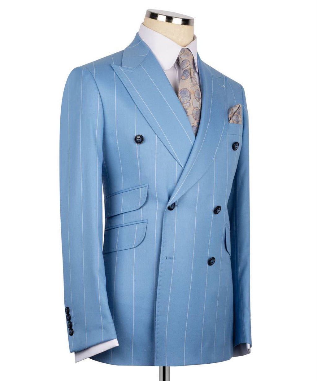 Light blue pinstripe suit on a mannequin with a white background