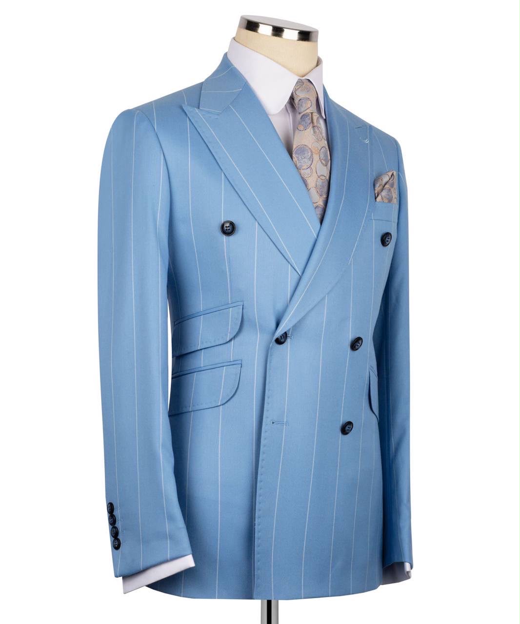 Light blue pinstripe suit on a mannequin with a white background