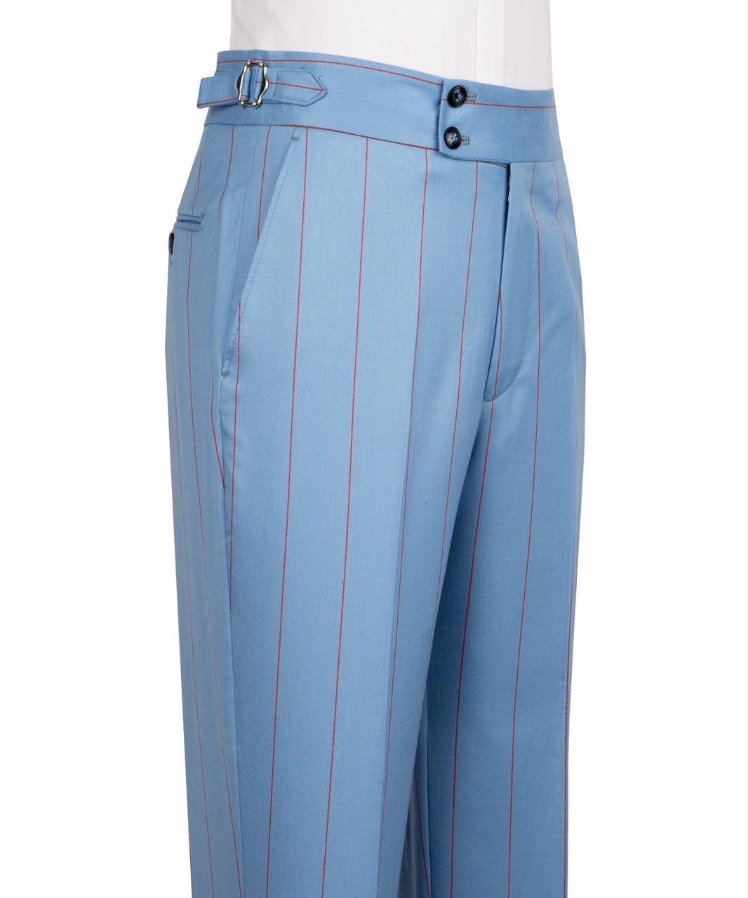 Light blue pants with red pinstripes on a white background