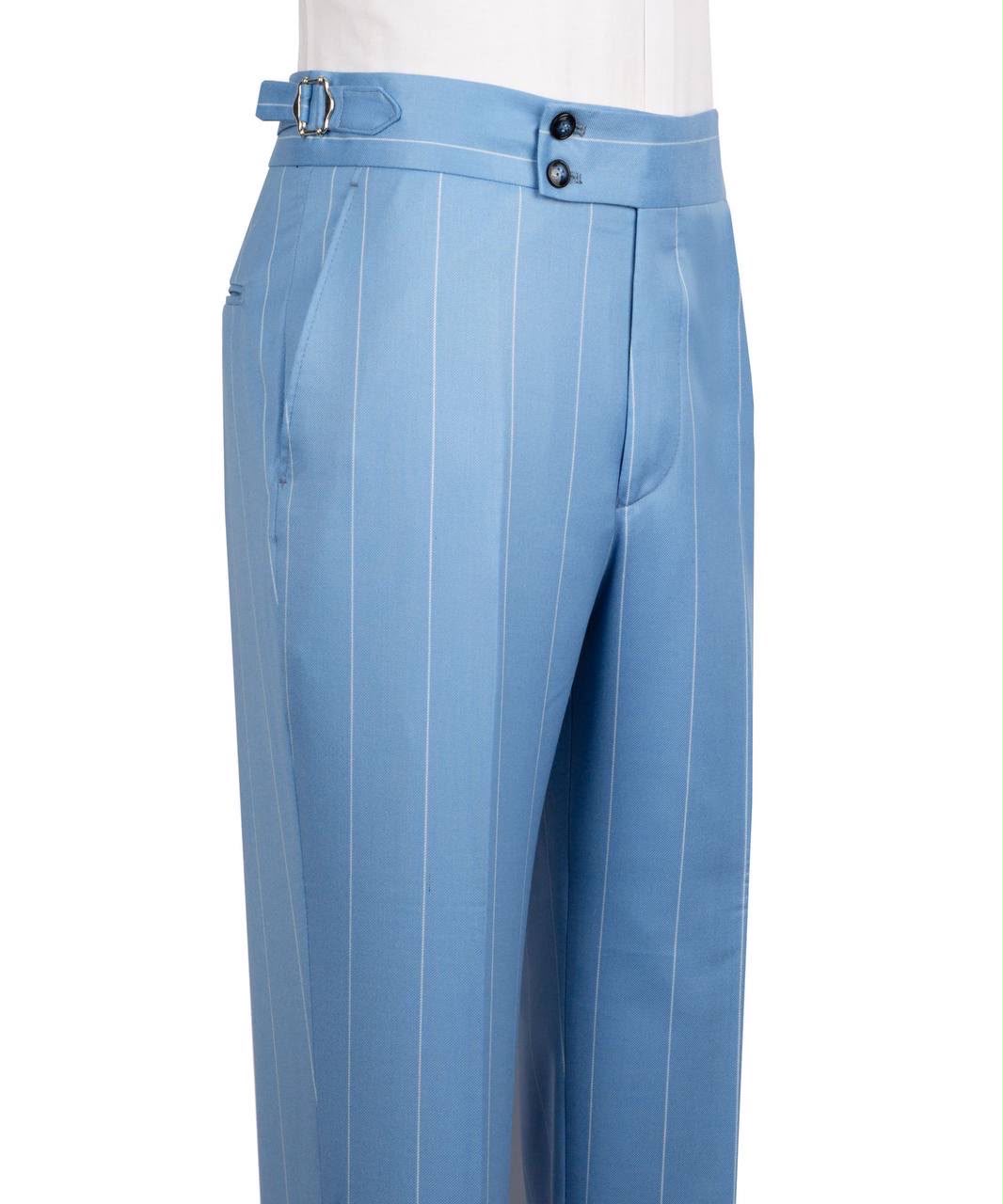 Light blue pinstripe pants on a white background