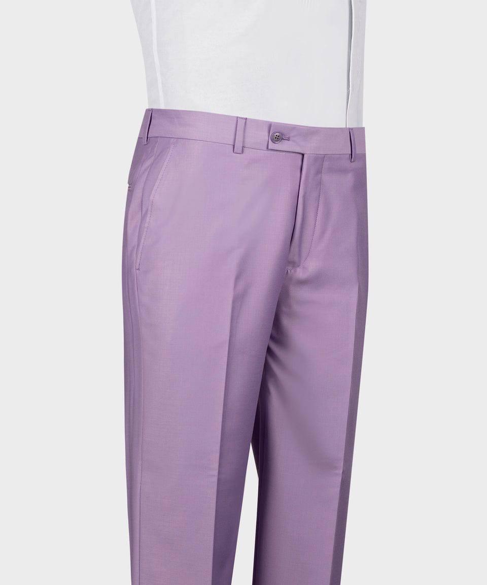 A pair of men's trousers in a solid lavender-purple color, shown on a white mannequin torso