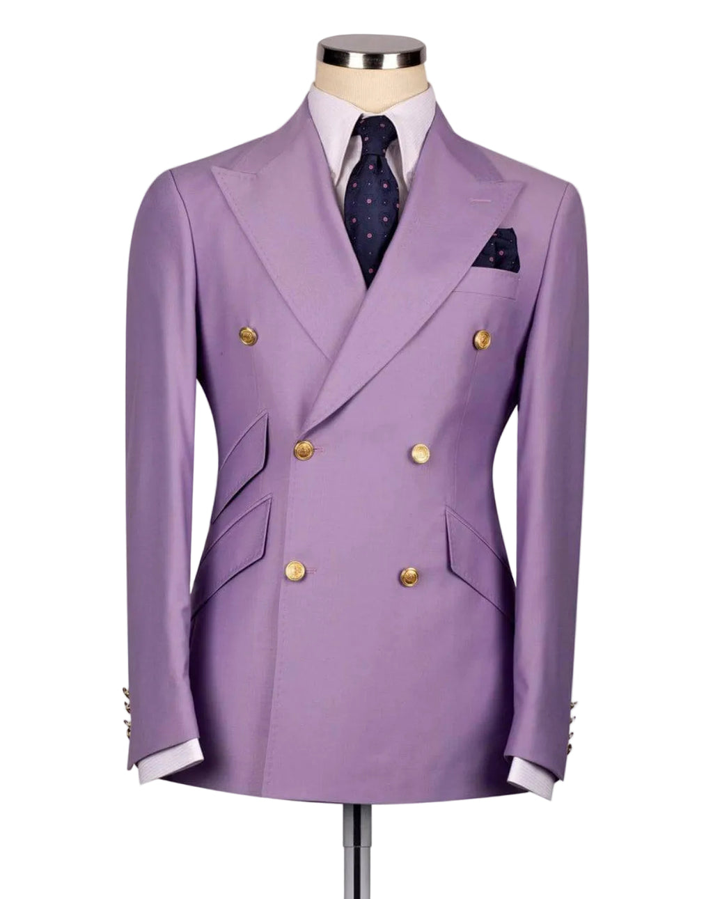 A lavender purple double-breasted suit jacket displayed on a mannequin torso, styled with a white dress shirt, a navy patterned tie, and a matching pocket square 