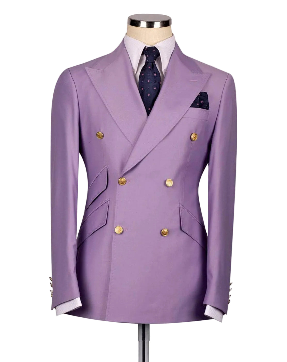 A lavender purple double-breasted suit jacket displayed on a mannequin torso, styled with a white dress shirt, a navy patterned tie, and a matching pocket square 