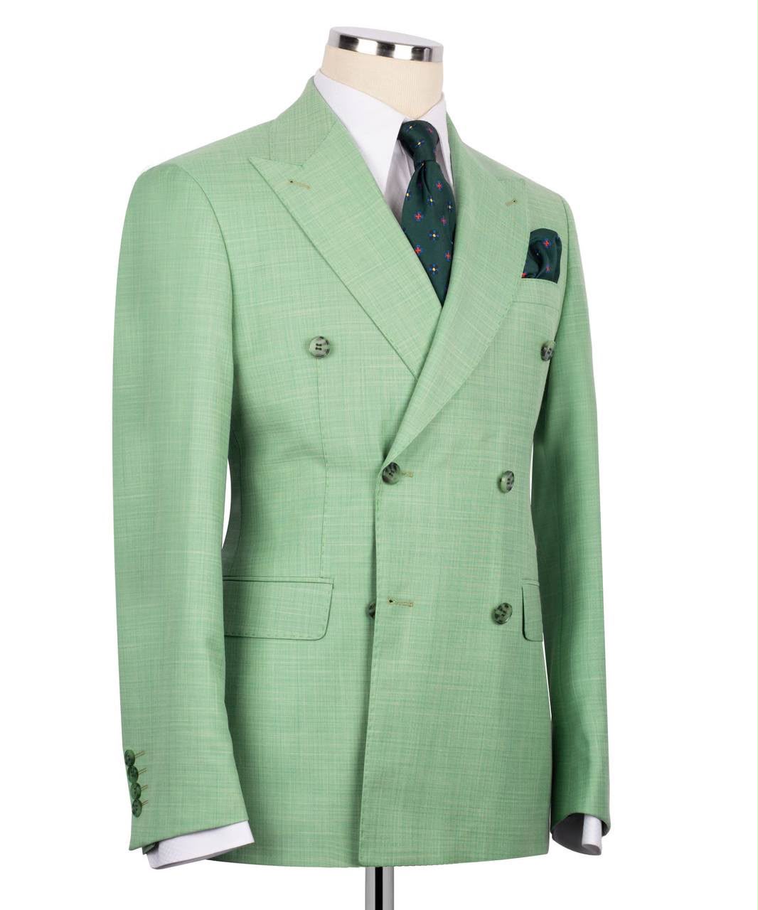 Green checkered suit jacket on a mannequin against a white background
