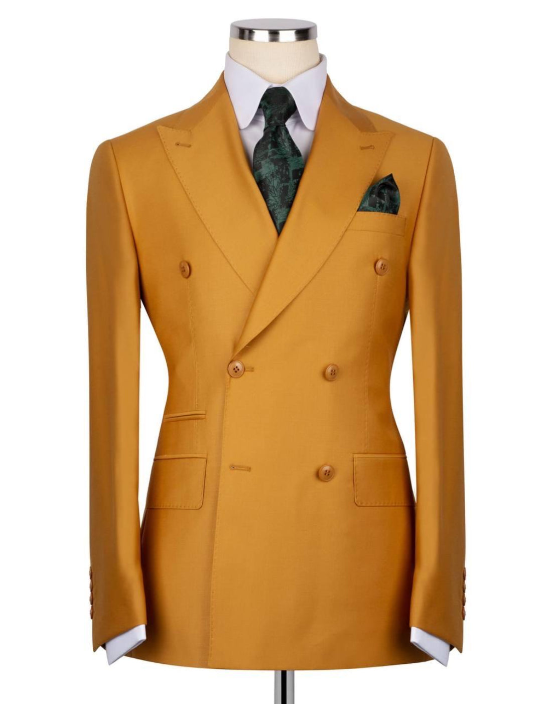 Mustard yellow double-breasted suit jacket on a mannequin with a white shirt and patterned tie.