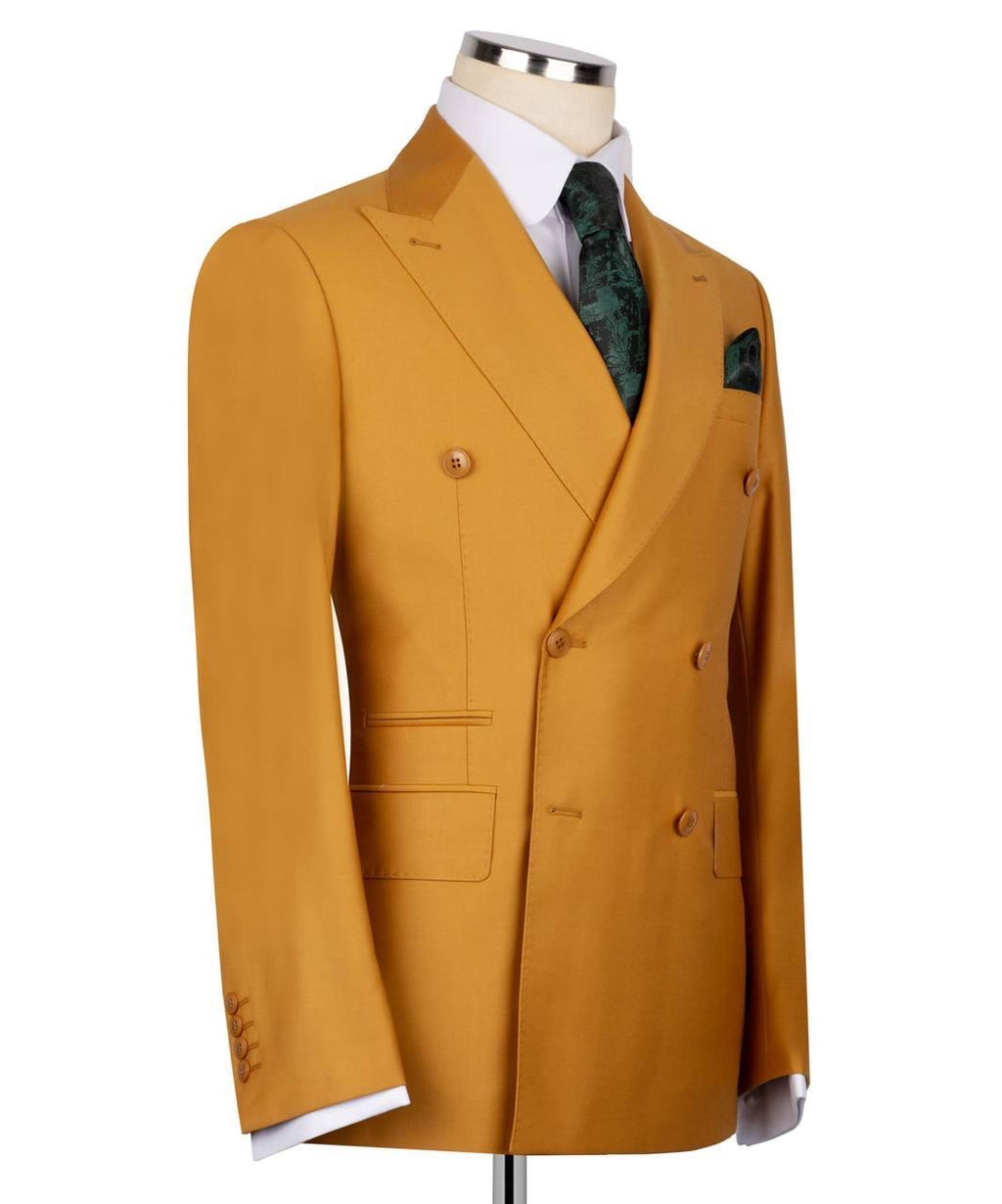 Mustard yellow double-breasted suit jacket on a mannequin with a white background