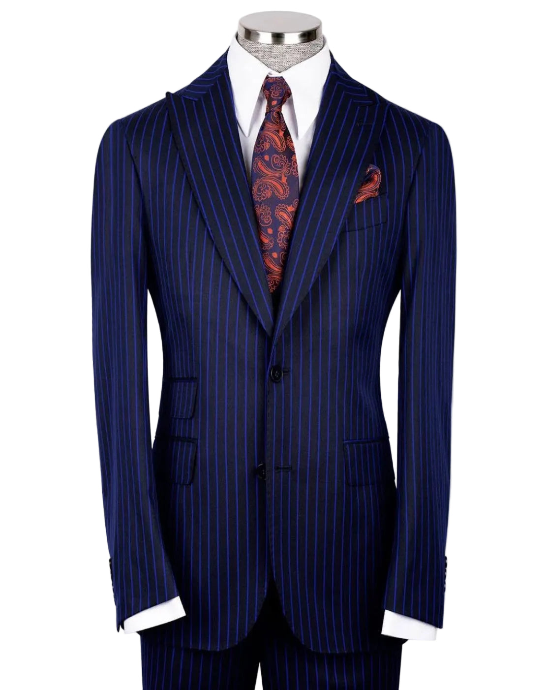 A navy blue pinstripe suit jacket displayed on a mannequin torso, styled with a white dress shirt, a red paisley patterned tie, and a matching red pocket square