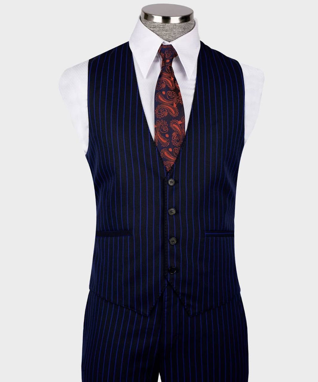 Navy pinstripe vest with a white shirt and patterned tie on a mannequin