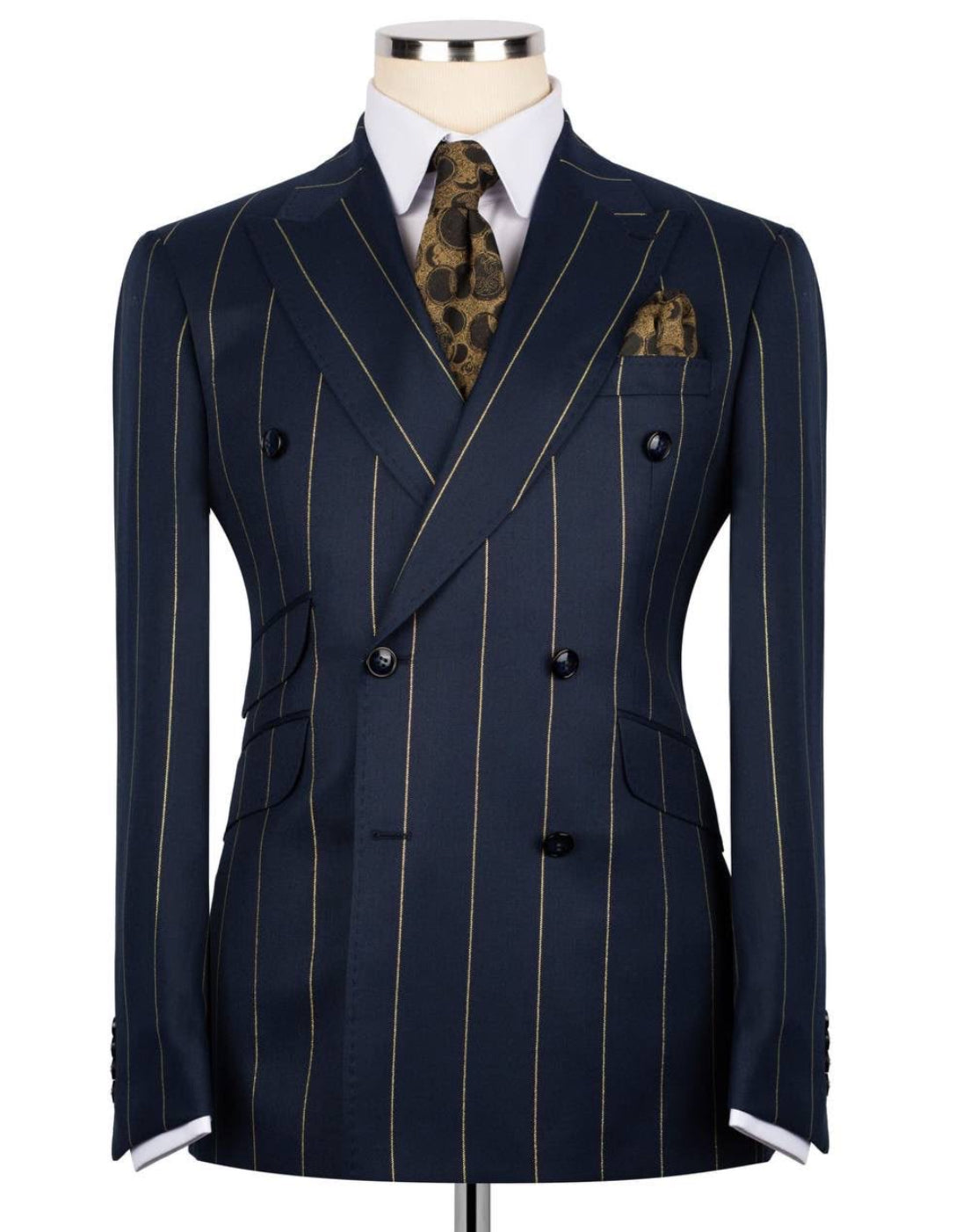 men's midnight navy gold pinstripe double-breasted suit
