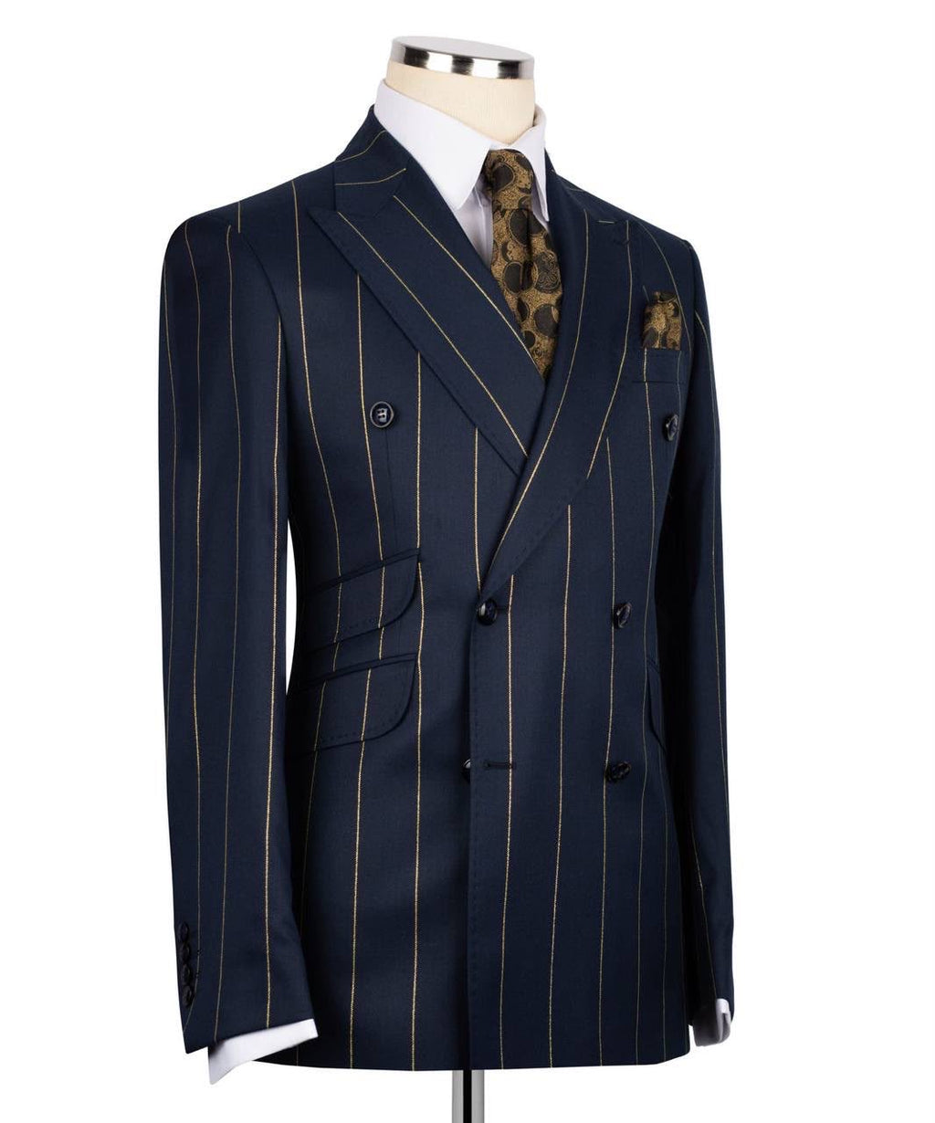 Navy pinstripe suit jacket on a mannequin with a white shirt and patterned tie.