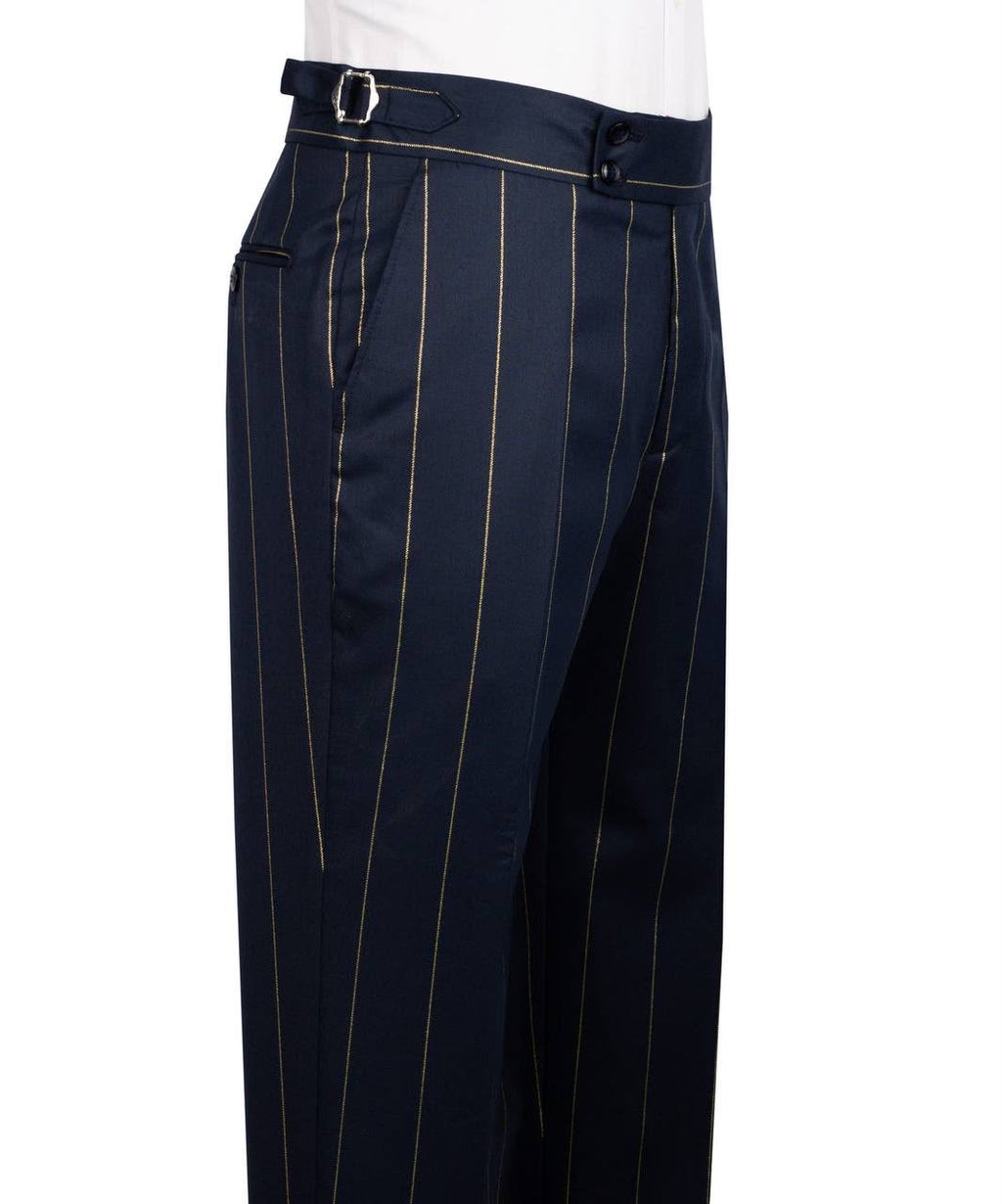 Navy pinstripe pants on a white background