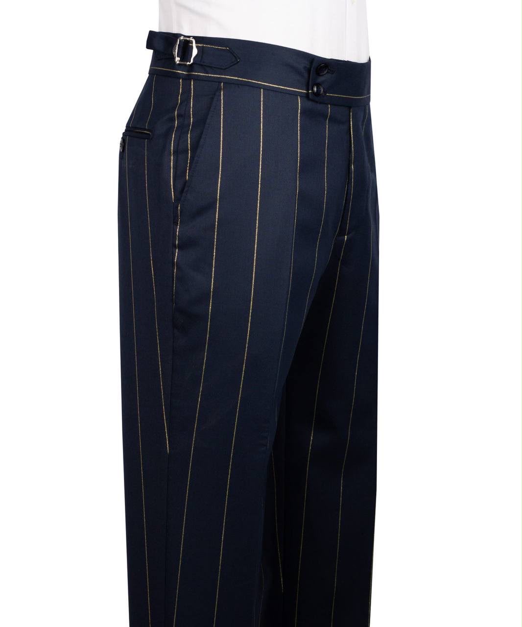 Navy pinstripe pants on a white background