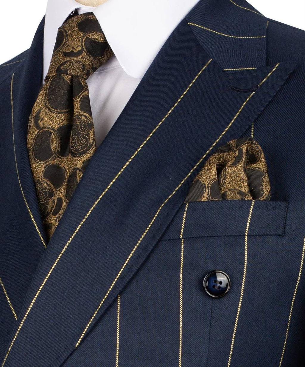 Navy pinstripe suit with a patterned tie and pocket square on a white background