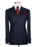 Navy pinstripe suit with red accents on a mannequin against a white background
