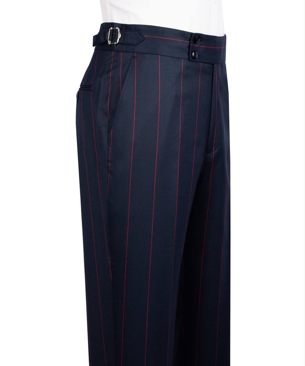 Navy pinstripe pants on a white background