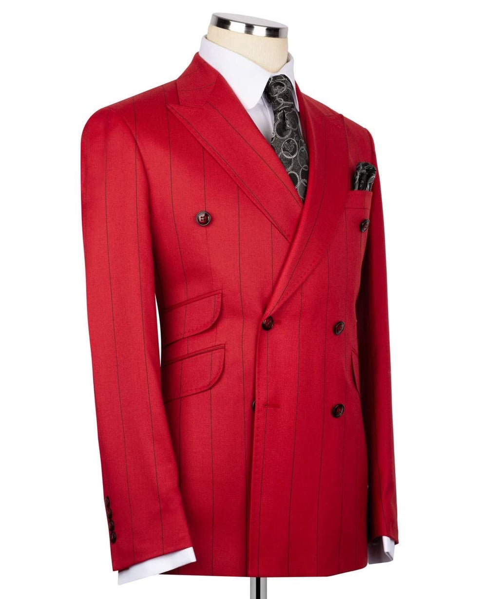 Red double-breasted suit jacket on a mannequin 