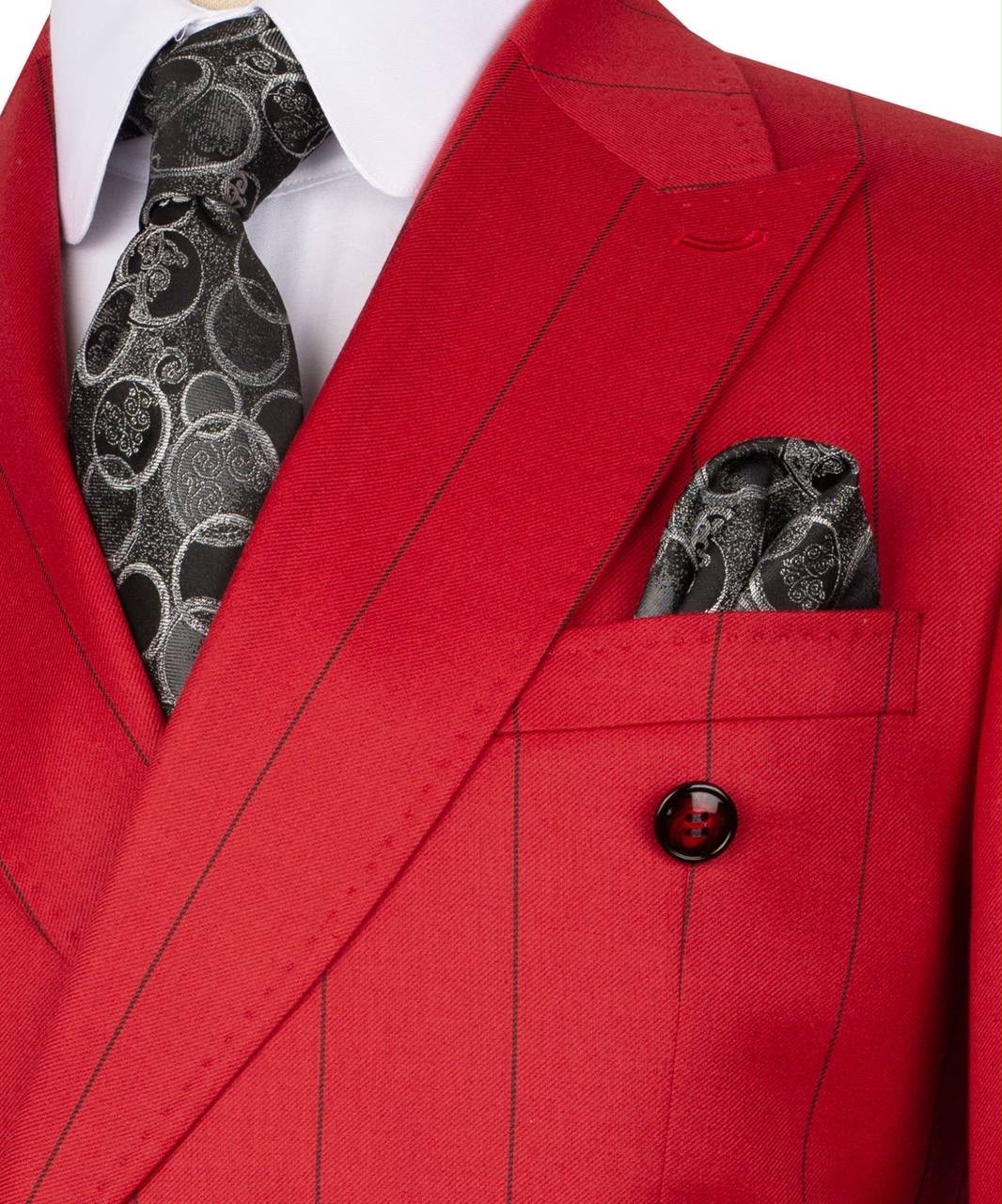 Red suit jacket with a patterned tie and pocket square