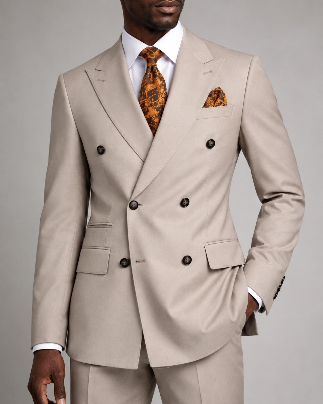 A man wearing a light beige double-breasted suit with a white dress shirt, an orange patterned tie, and a matching orange pocket square, photographed against a neutral gray studio background.