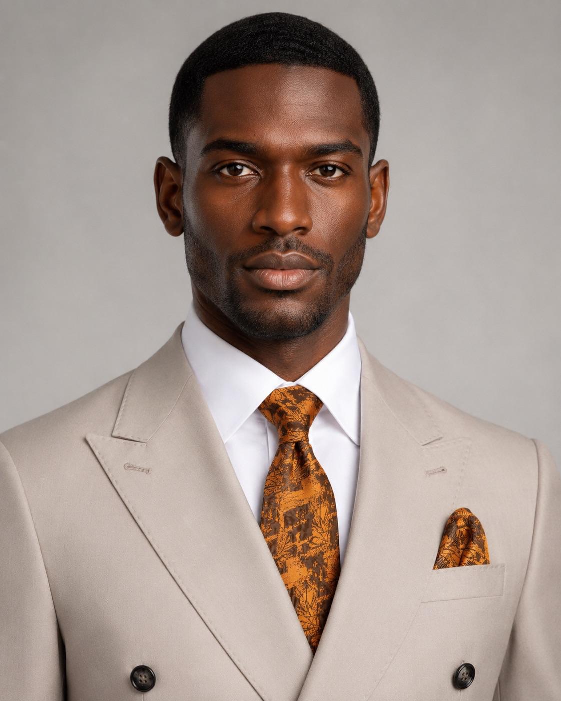 A man wearing a light beige double-breasted suit, white dress shirt, and an orange patterned tie with a matching pocket square, photographed against a neutral gray background.