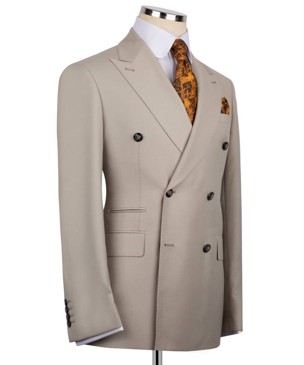 Beige double-breasted suit jacket on a mannequin with a white background