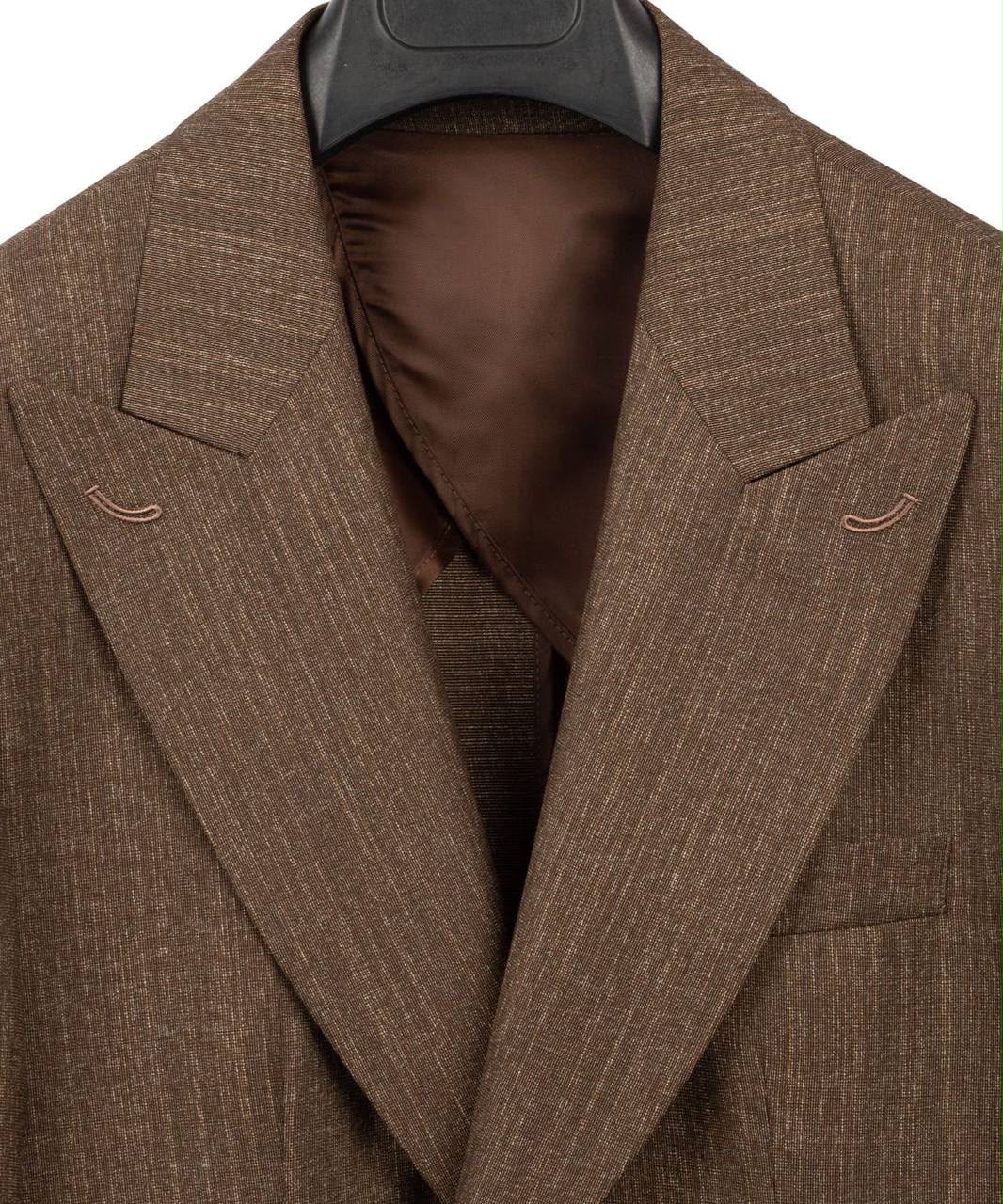 A close-up of a brown textured suit jacket with a satin brown lining, displayed on a black hanger against a white background.