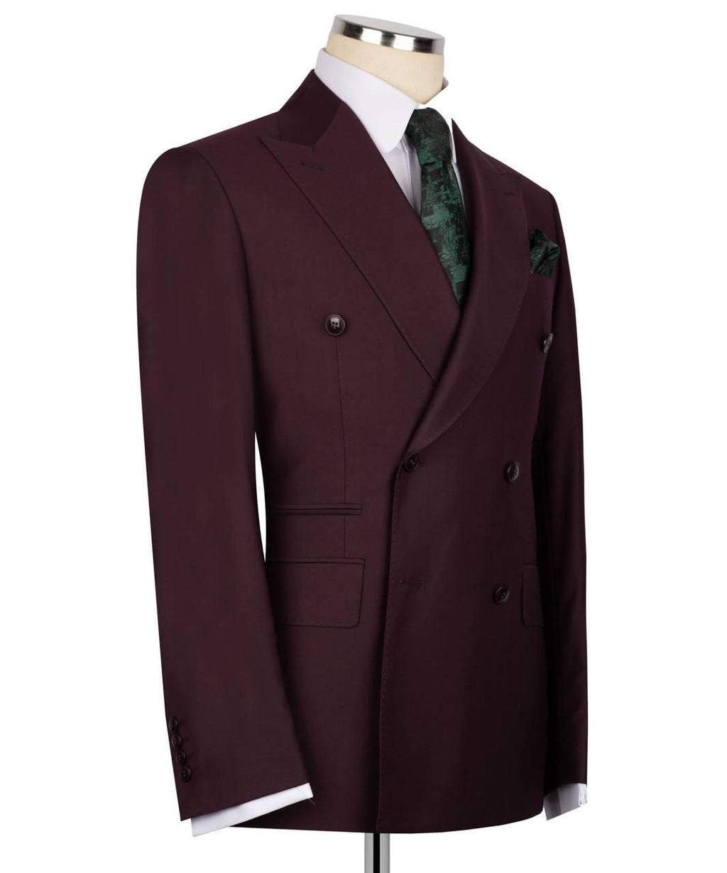 Maroon double-breasted suit jacket on a mannequin with a white background