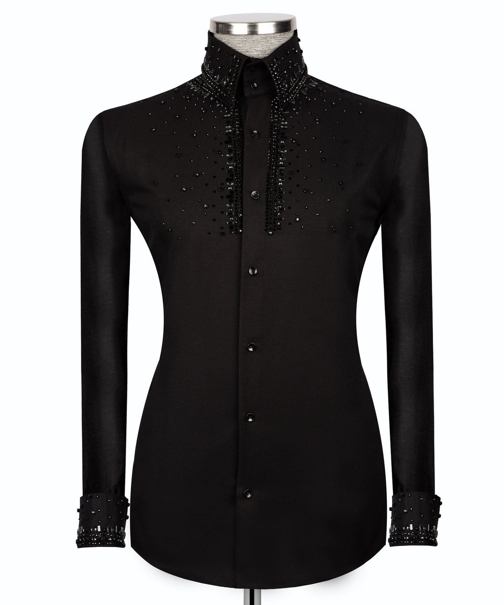 Black formal button-down shirt with stone-embellished front and stand collar