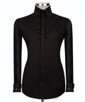 Black formal button-down shirt with stone-embellished front and stand collar