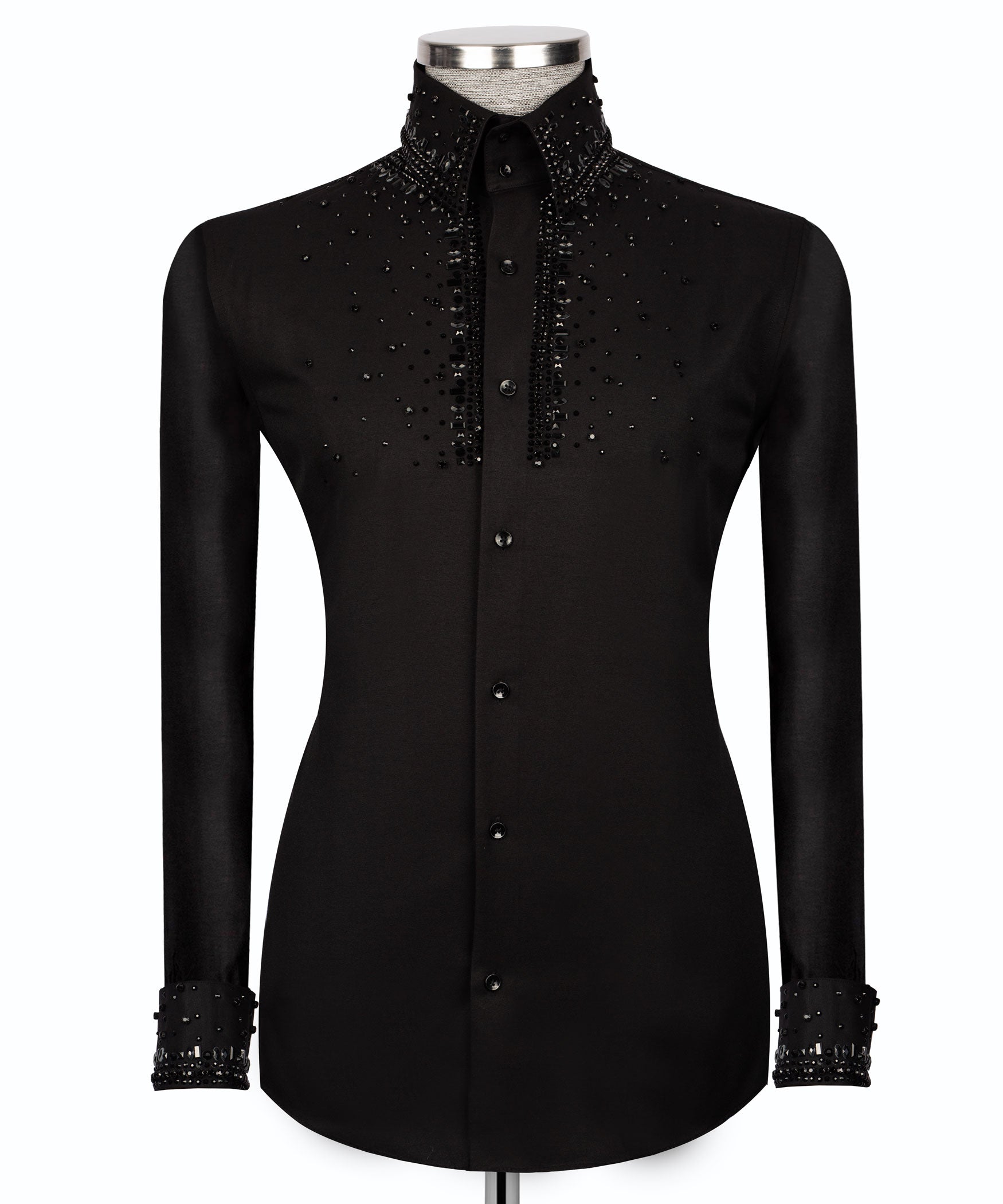 Black formal button-down shirt with stone-embellished front and stand collar