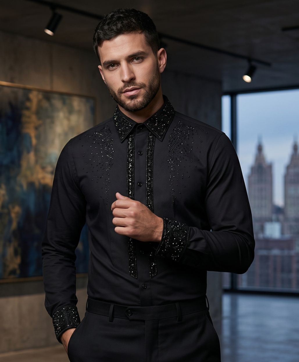 Men's Black-on-Black Crystal Embellished Placket Dress Shirt | Koss Atelier