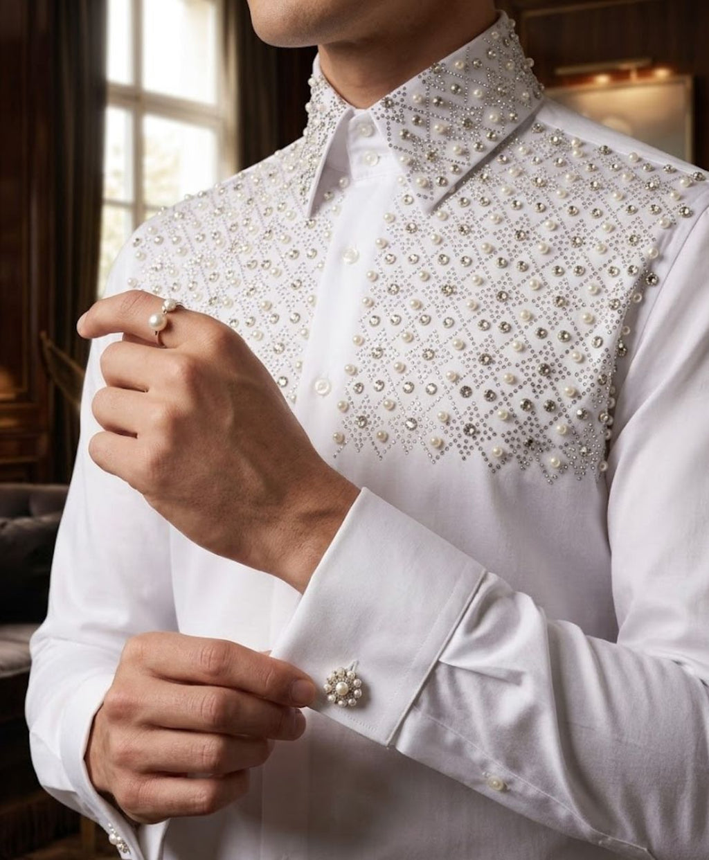 Men's White Geometric Rhinestone Yoke Dress Shirt | Koss Atelier
